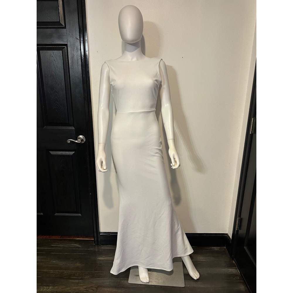 Lulus White Open Back Bow Ruffle Gown Sleeveless Boat Neck Formal Bridal Dress